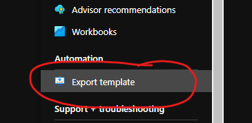 Export Template menu item in Azure Portal