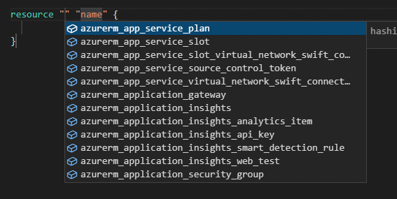 VS Code Terraform Extension helping out with resource types