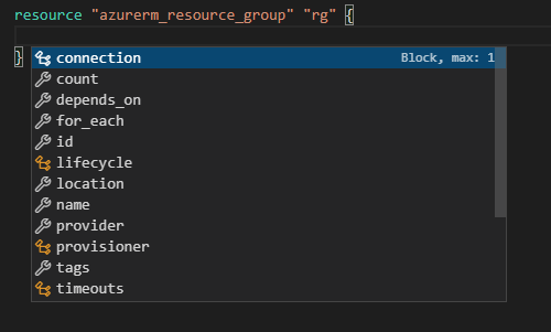 VS Code Terraform Extension helping out with resource properties